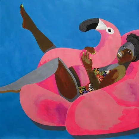 A painting of a woman on a flamingo floater in a pool