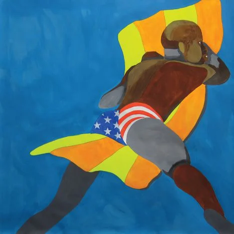 A painting of a man on a raft floater in a pool