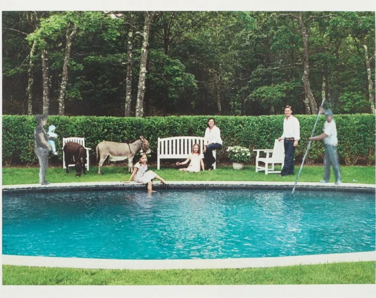 A photographic style image of a family by a pool