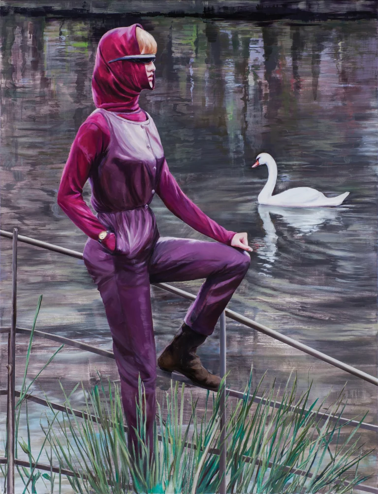painting of a woman in front of swans