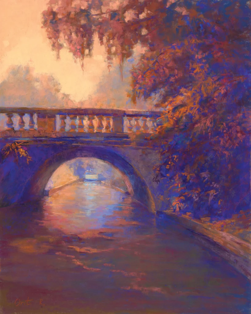 Pastel artist Orit Reuben’s image of a canal running beneath the Palmer Avenue bridge in Winter Park