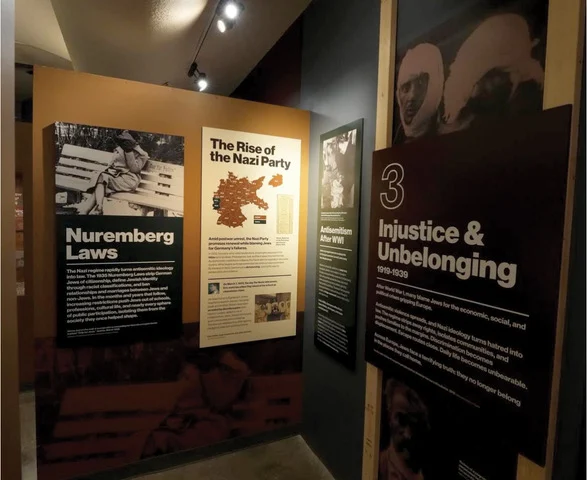 Museum exhibits on several walls