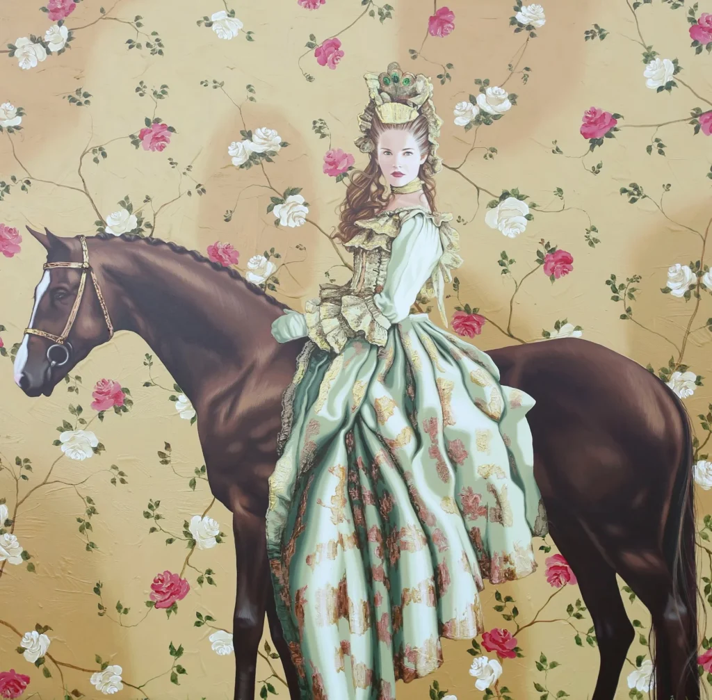 Painting of a woman in a fancy dress sitting on a horse
