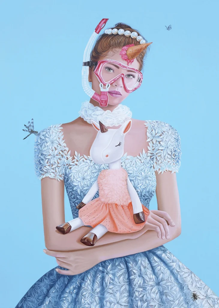 Painting of a woman in a fancy dress wearing a scuba mask