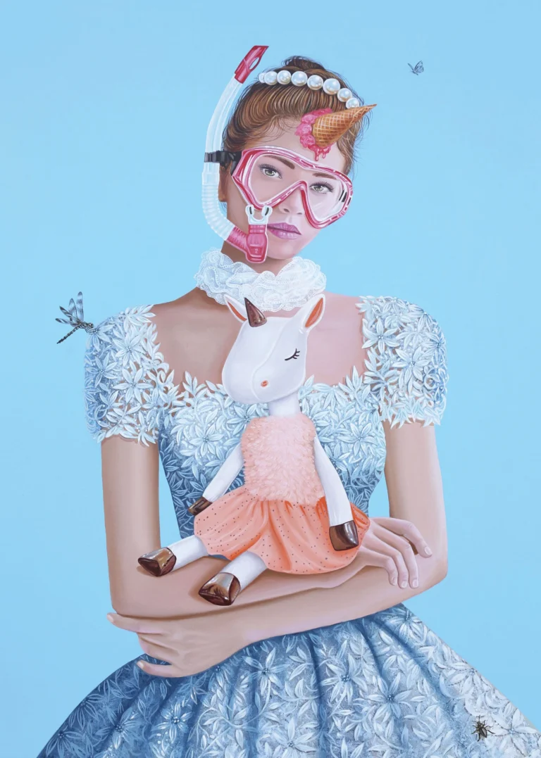 Painting of a woman in a fancy dress wearing a scuba mask