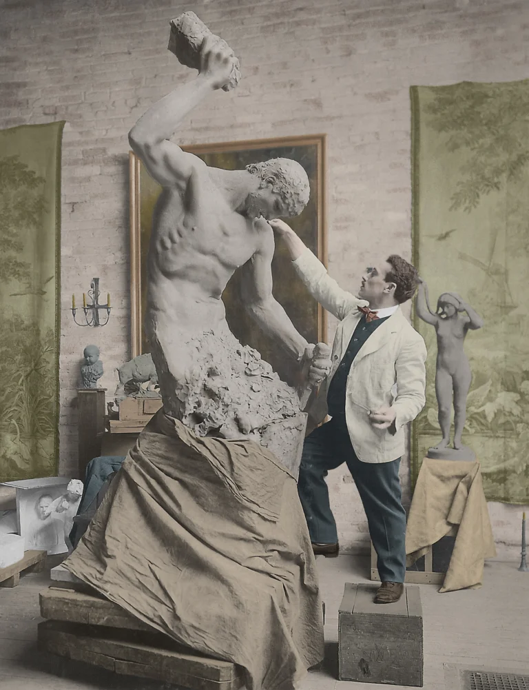 Albin Polasek Working on Large Man Carving circa 1915