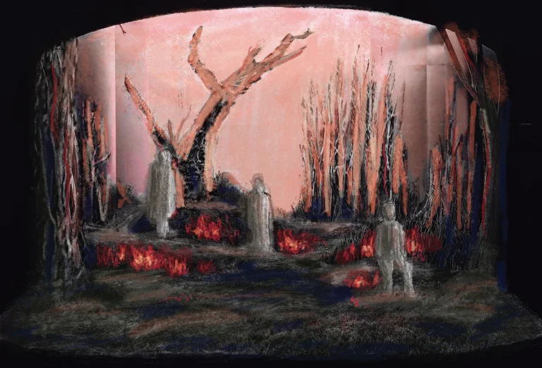 A rendering of a creepy bog stage setting