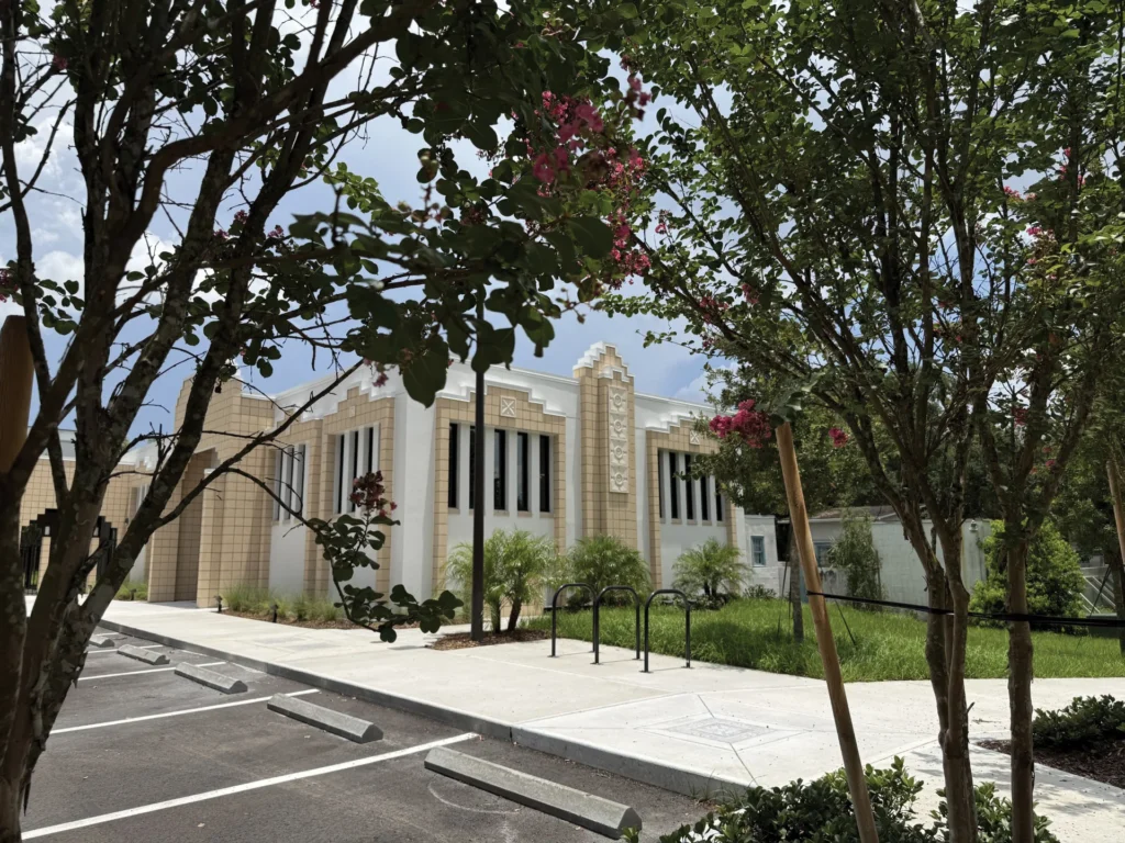 A building surrounded by trees