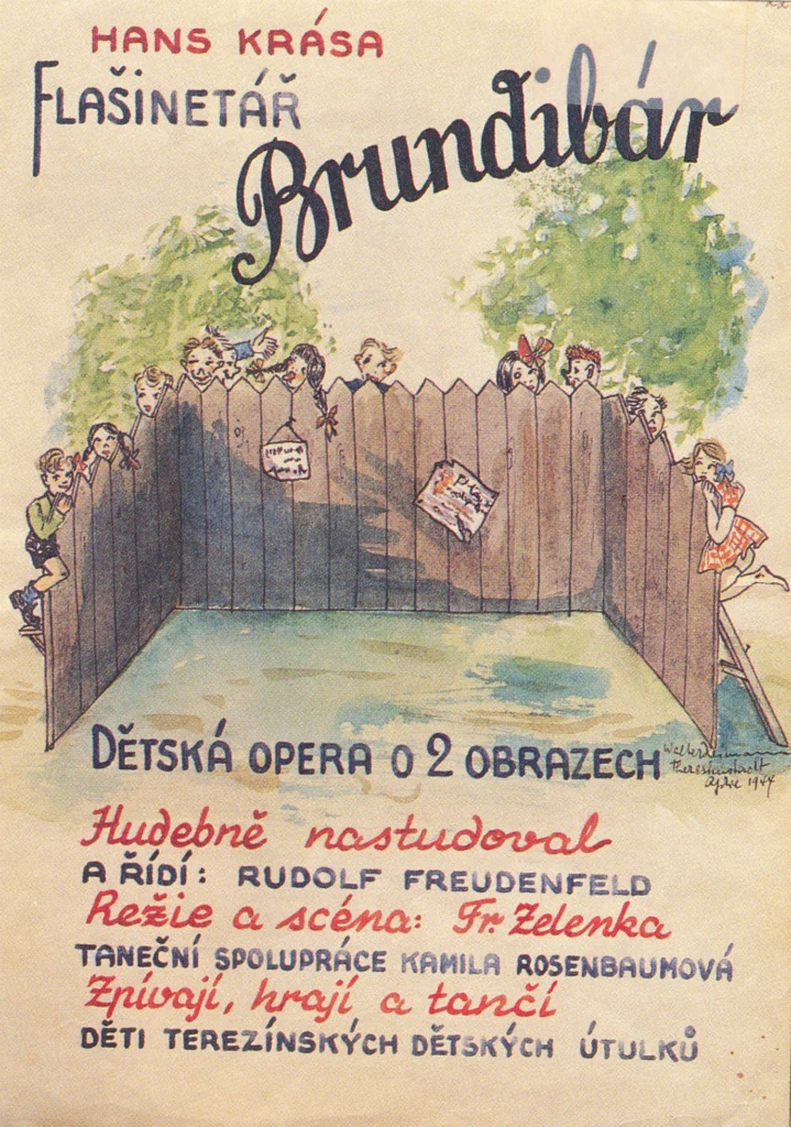 Original poster for Hans Krása’s children’s opera Brundibár showing children peering over a wooden fence
