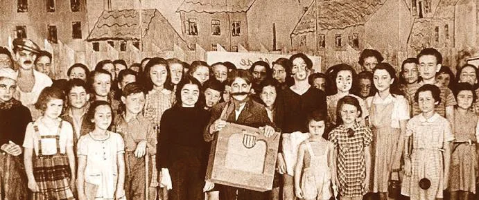Archival sepia photograph of the child cast of Brundibár at Terezín