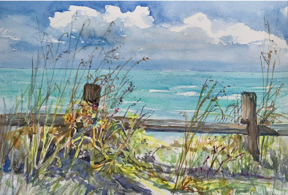 Watercolor of sea oats along a weathered fence by the ocean