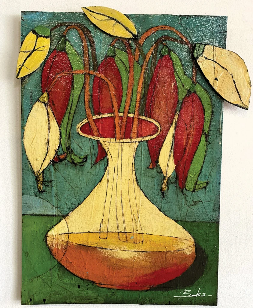 Folk-art painting of red flowers in a yellow vase