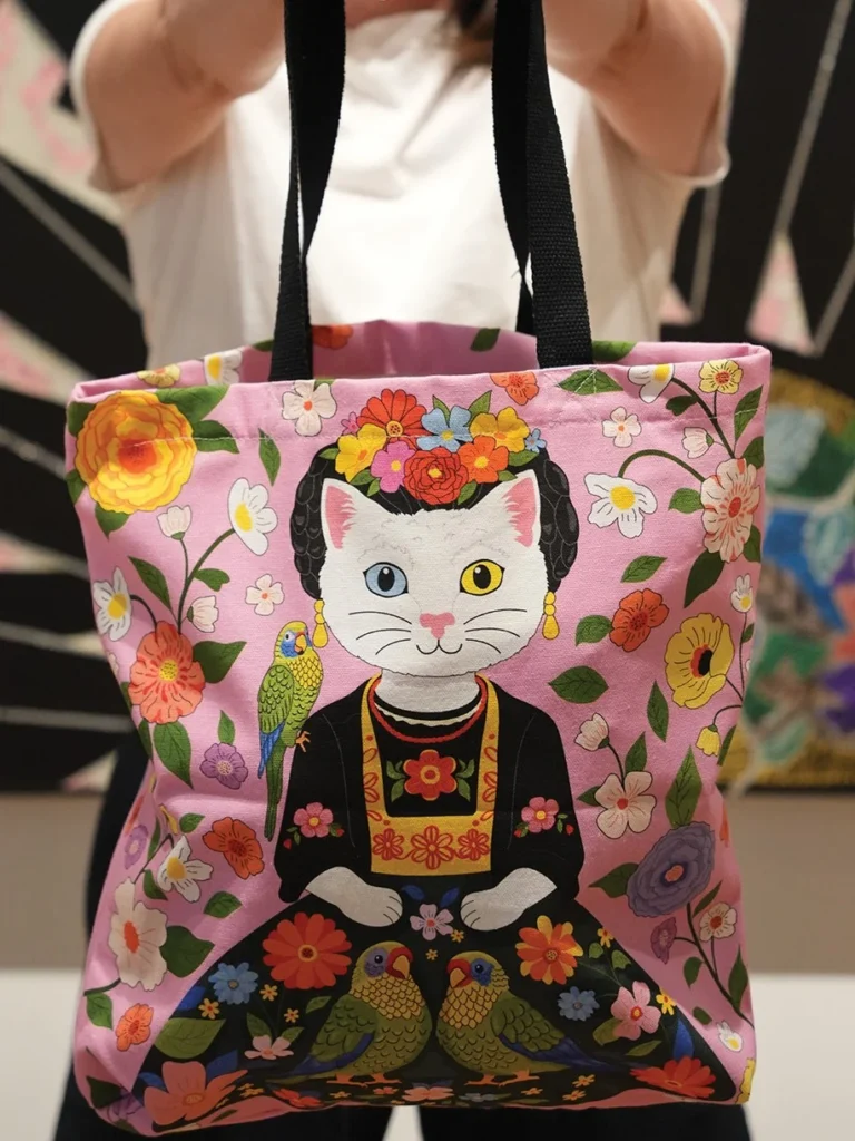 Pink tote bag with a cat dressed as Frida Kahlo