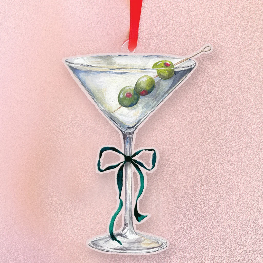 Martini ornament with olives and a green bow