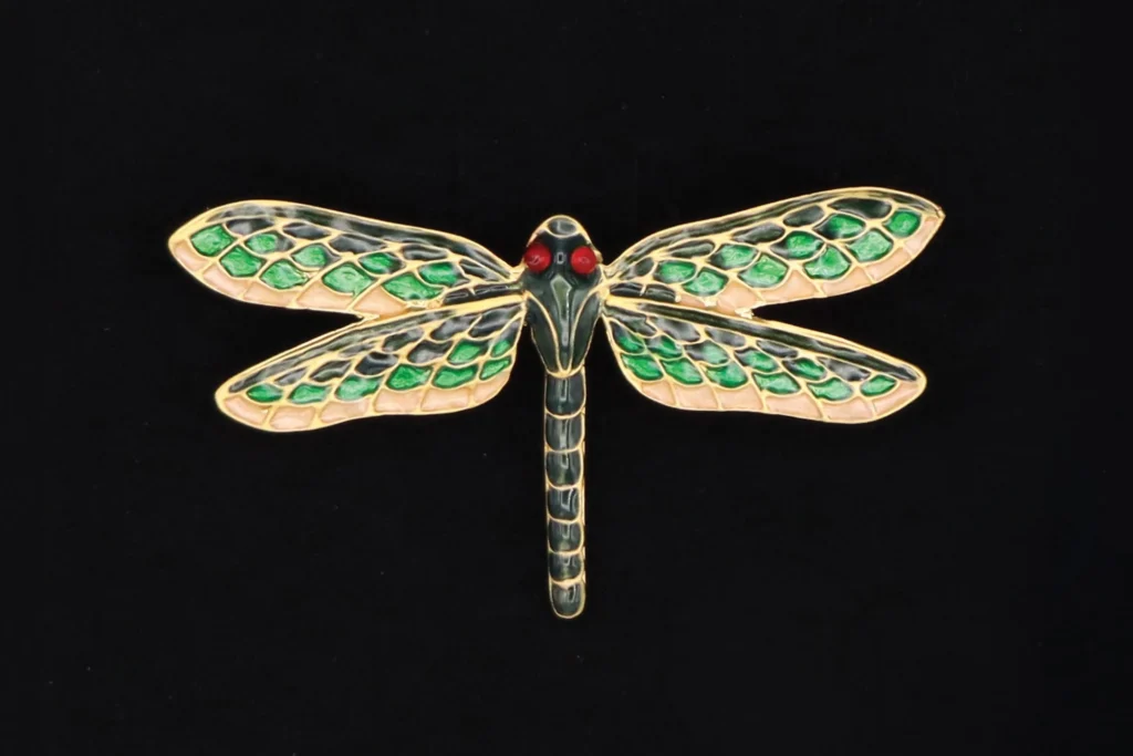 Enamel dragonfly brooch with green wings