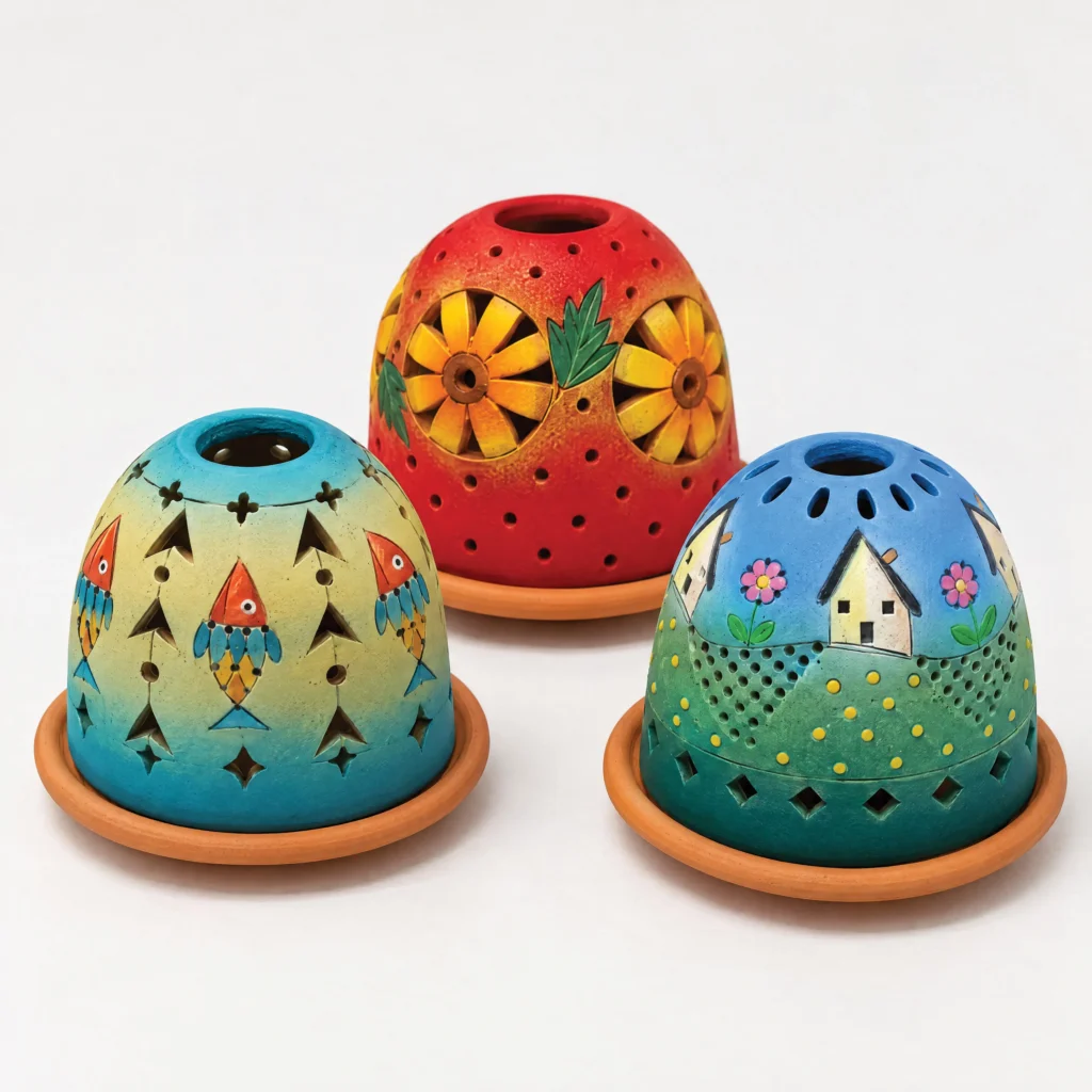 Three painted ceramic tealight luminaries