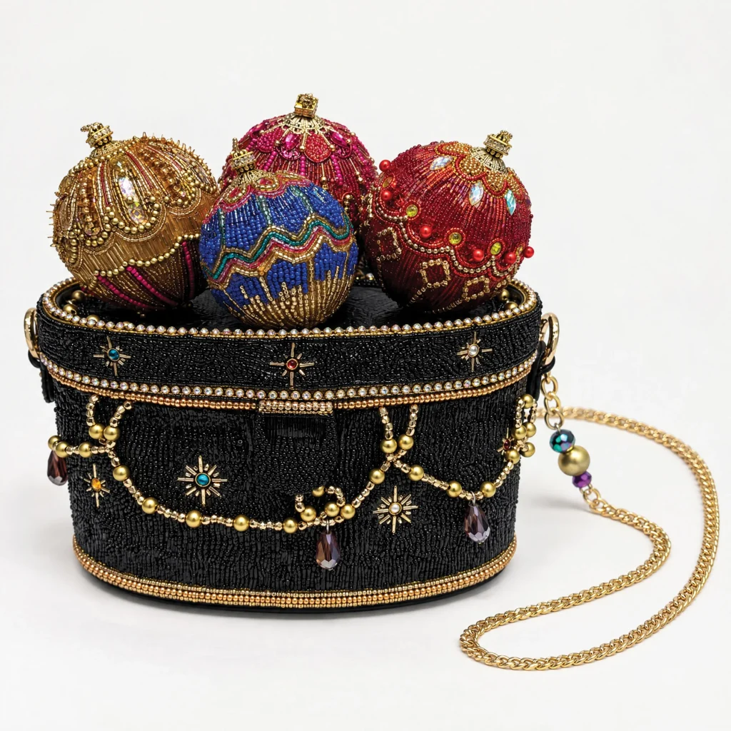 Beaded holiday bag topped with ornaments