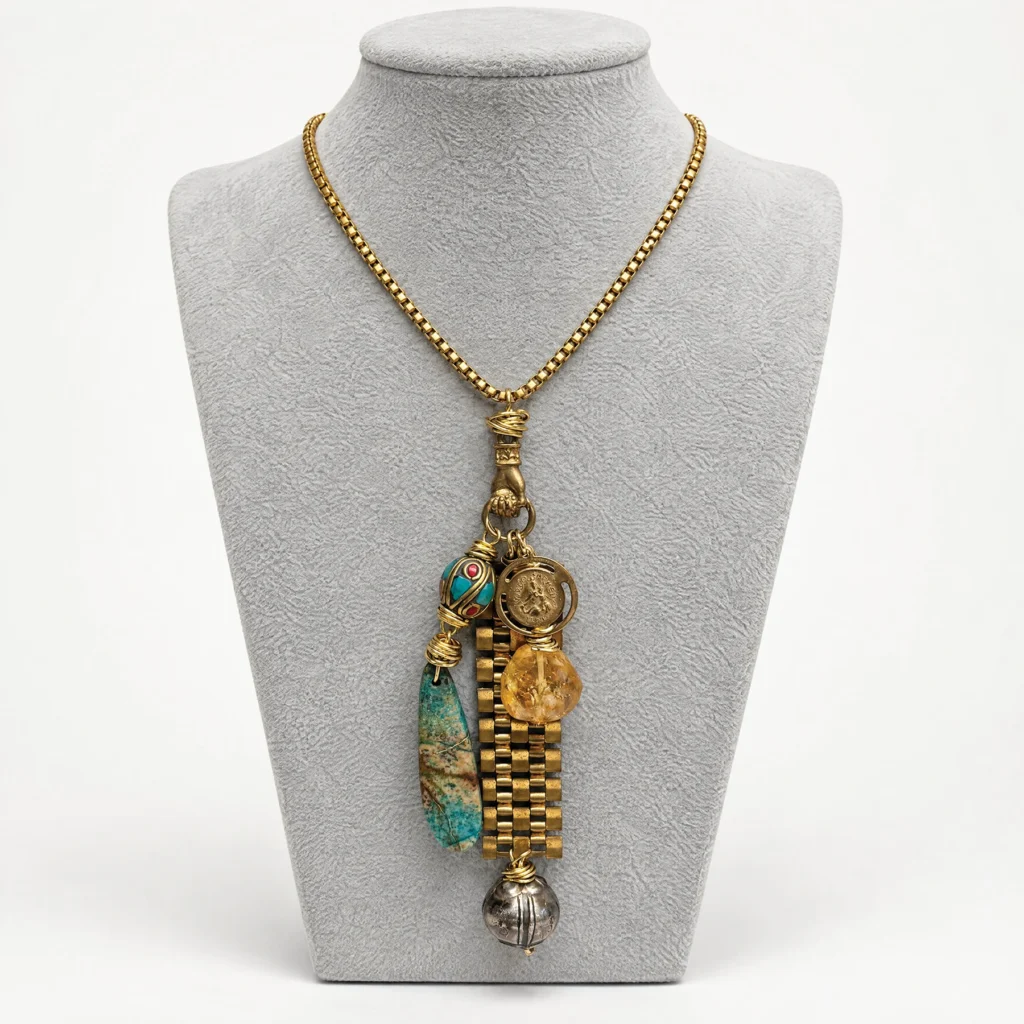 Reclaimed jewelry necklace with charms on a display bust