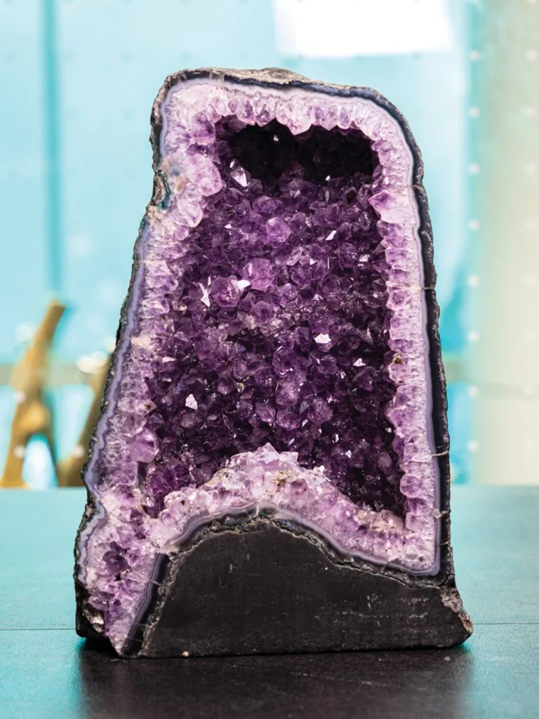 Amethyst cathedral geode with a deep purple crystal interior