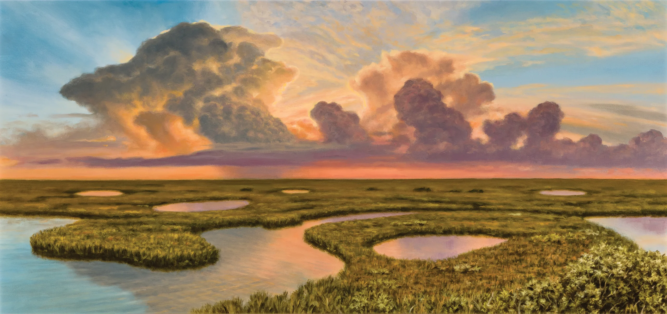Painting of towering storm clouds at sunset over Florida wetlands