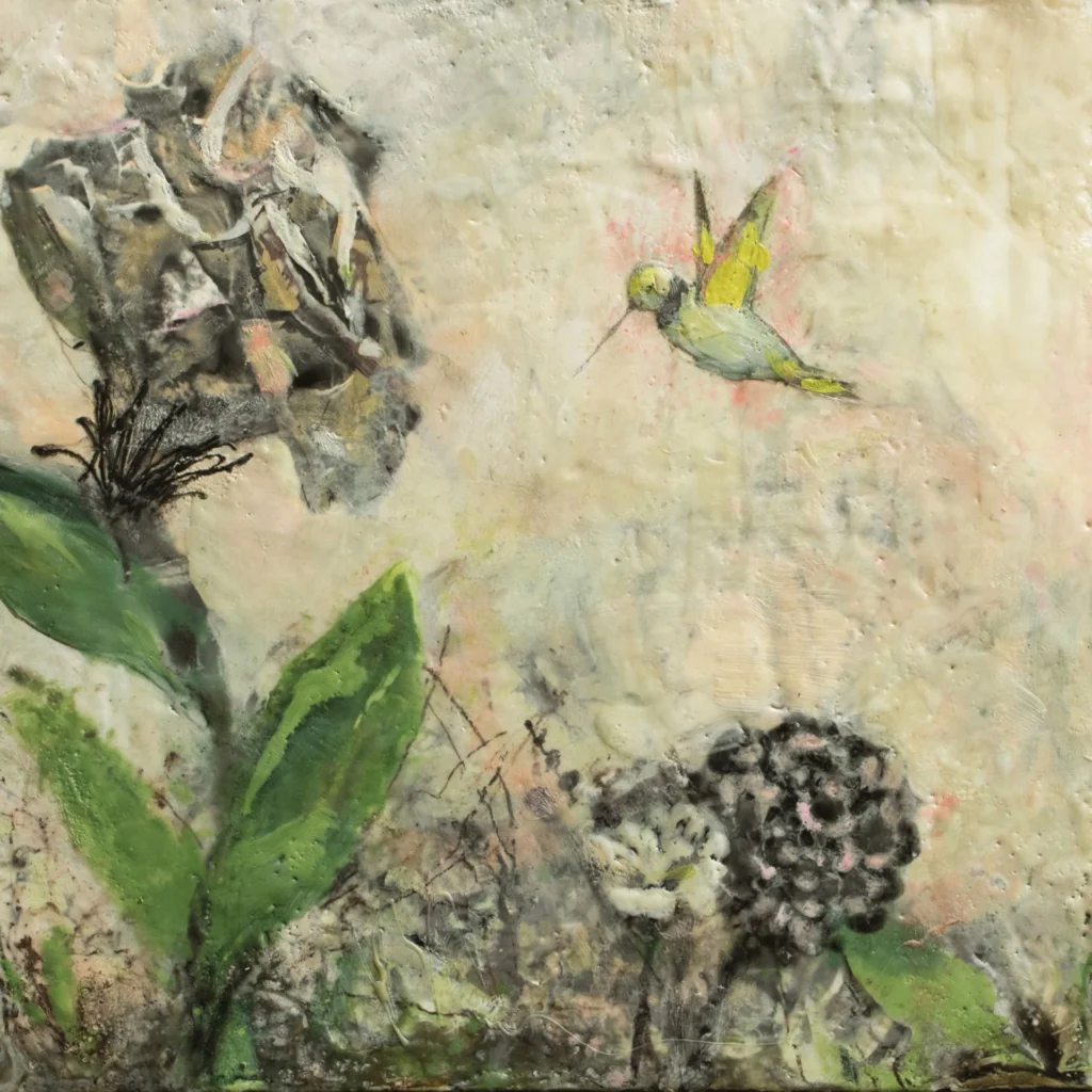 Mixed-media painting of a hummingbird hovering near dark flowers