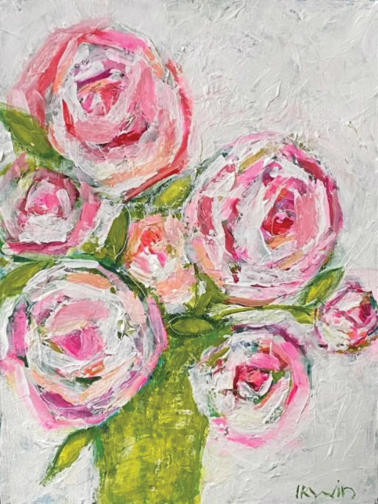 Painting of pink roses in a green vase