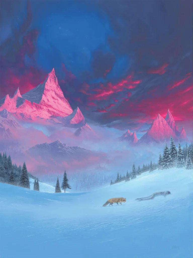 Painting of pink-lit snowy mountains under a night sky with a fox and a rabbit crossing the snow