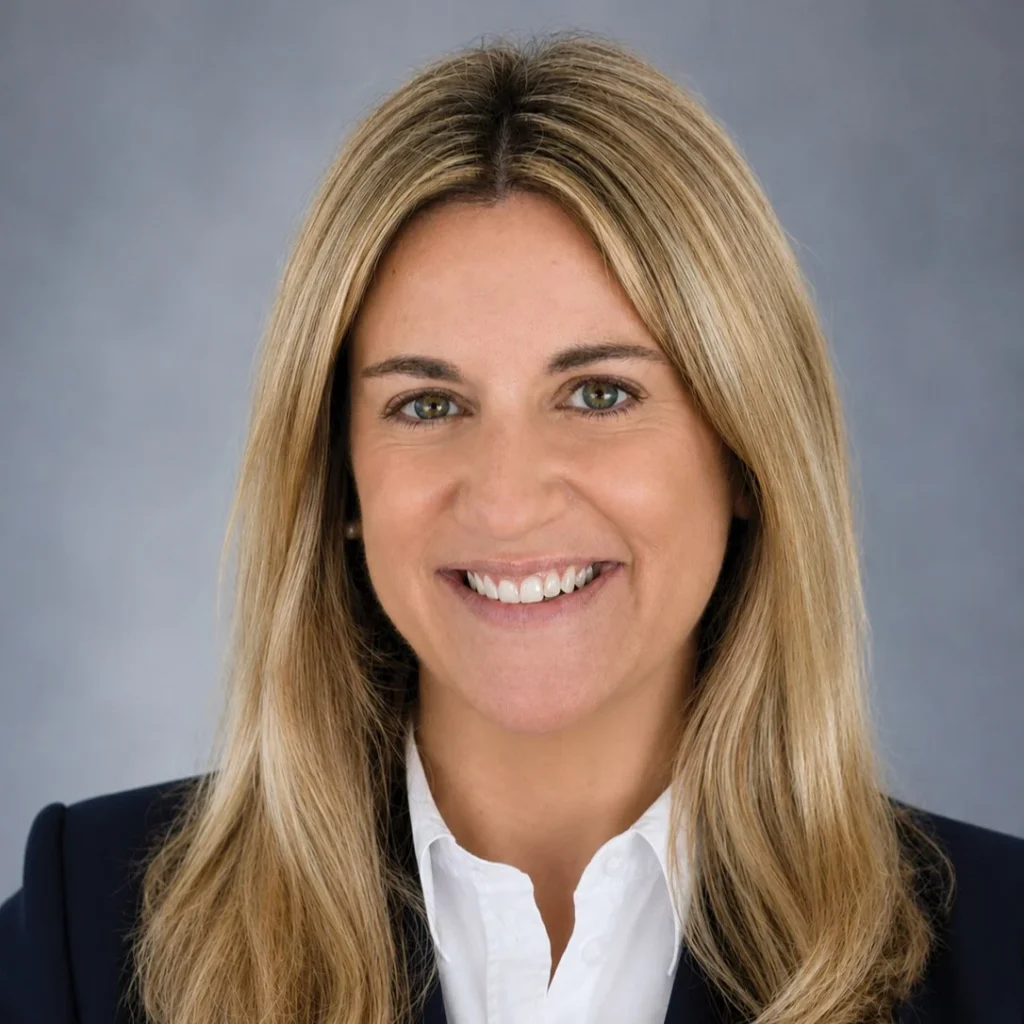 Lindsay Kist smiling in a dark blazer against a gray backdrop
